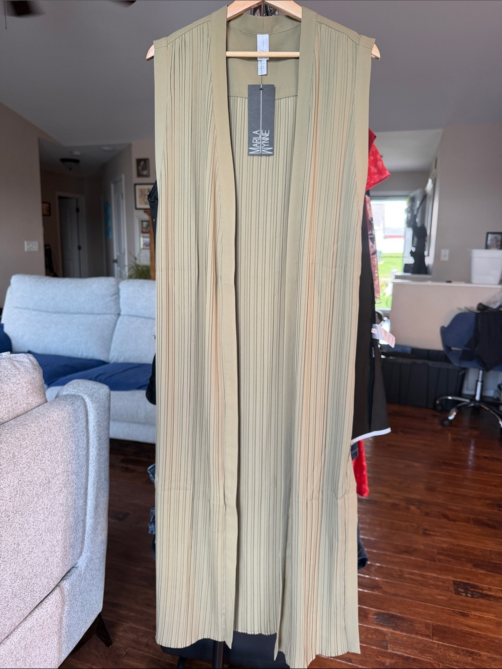 MarlaWynne Pleated Long Open Duster in Olive Green Sz 1x - Picture 3 of 10